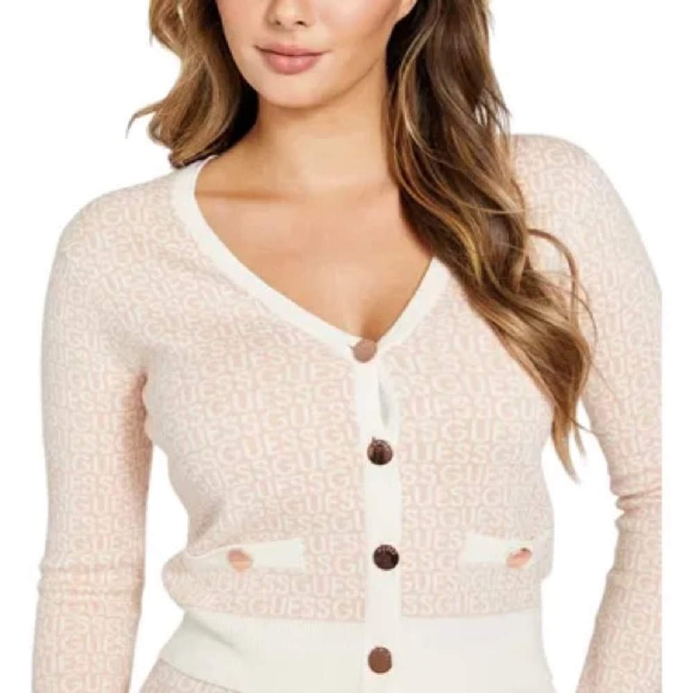 Guess Pink Logo-Print Cardigan with White Trim
